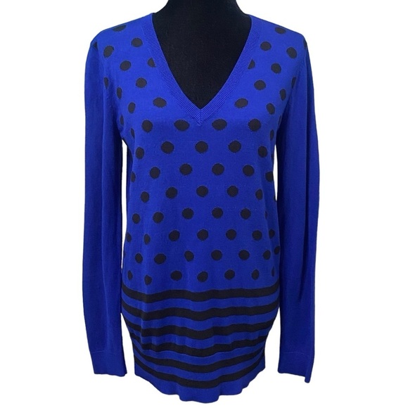 Loft Blue Polka Dot Stripe Wool Blend Sweater Medium V-Neck Retro NWT - Picture 1 of 7